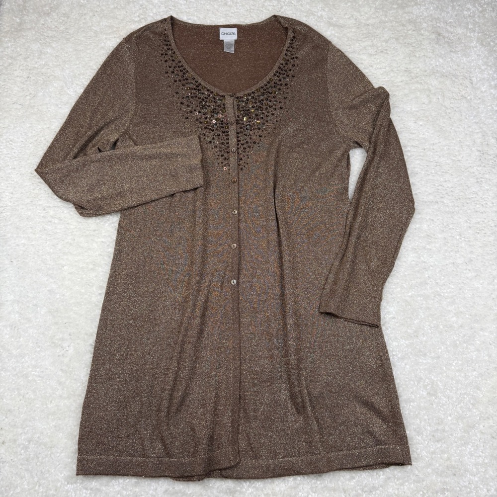 Chico's Cardigan Sweater Women Size 3 Brown Metallic Embellished Long Sleeve
